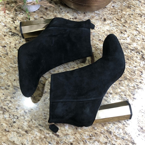 Senso Suede-like Black Round Toe Chunky Gold Heel Ankle Boots 39 - Picture 5 of 11